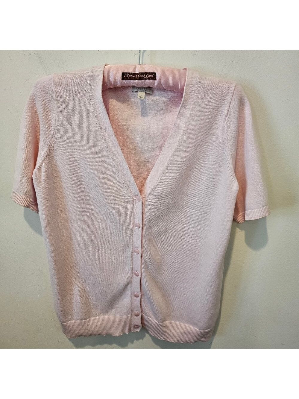 Talbots Women's Powder Pink Knit Short Sleeve Button-Down Sweater, Size SP
